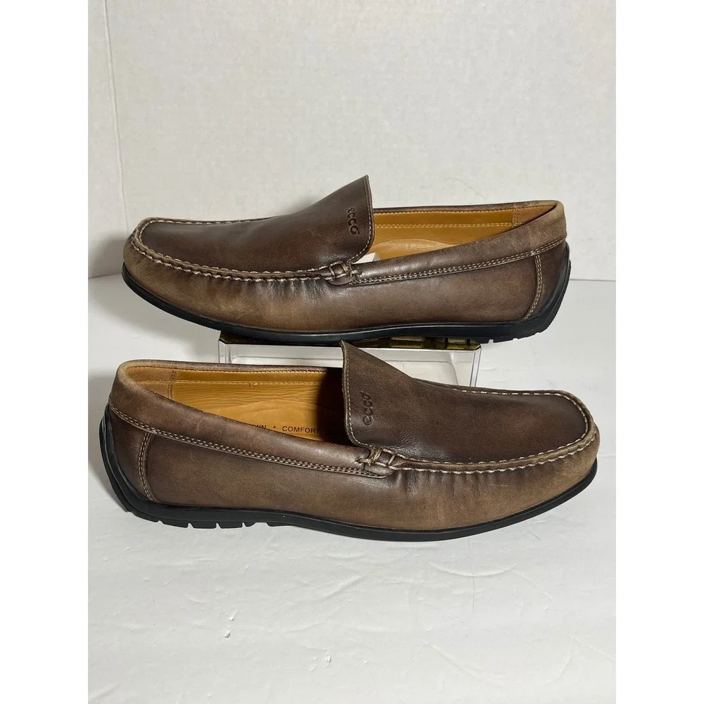 ECCO Mens Brown Leather Handsewn Loafers Slip On Driving Shoes Size 43 9 9.5